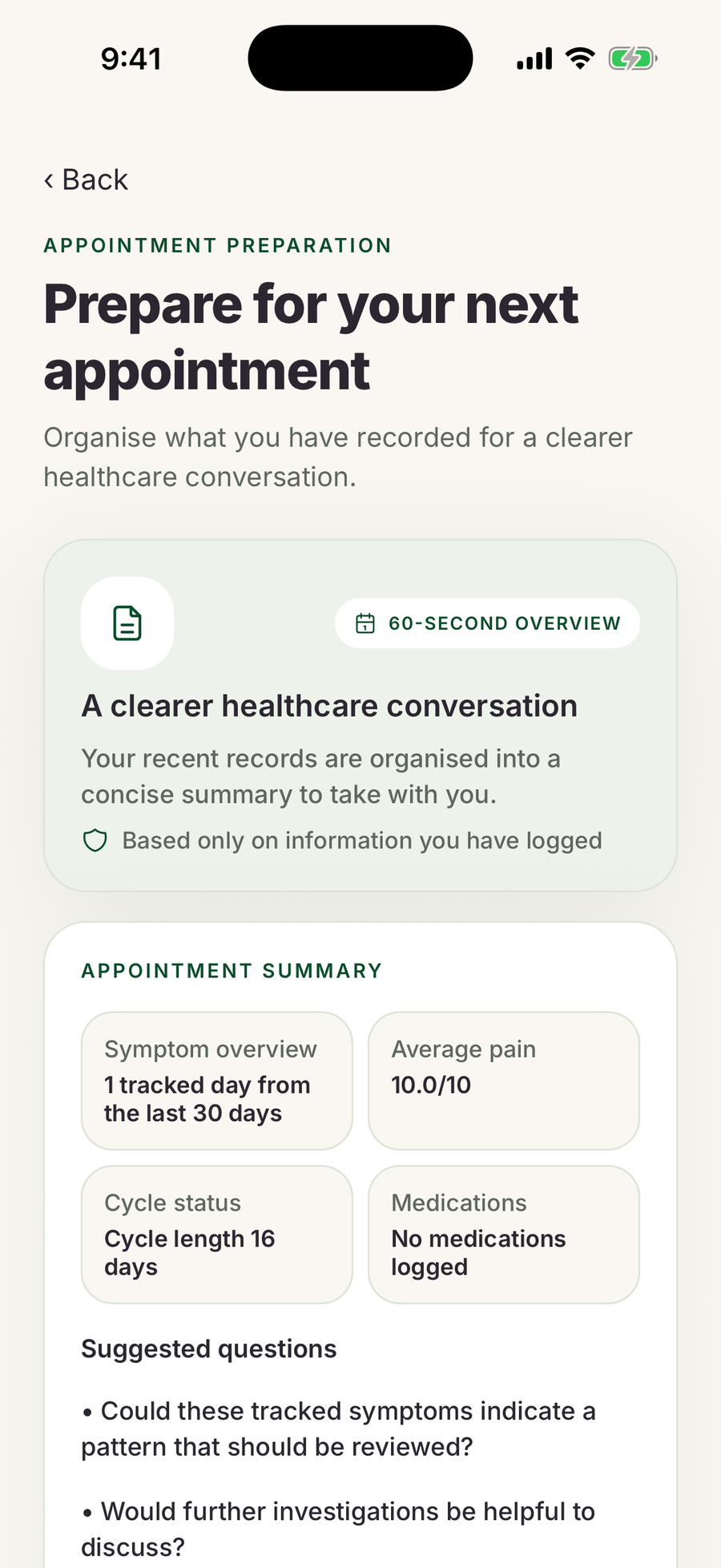 Genuine EndoAI Doctor Prep screen with an appointment overview and discussion points