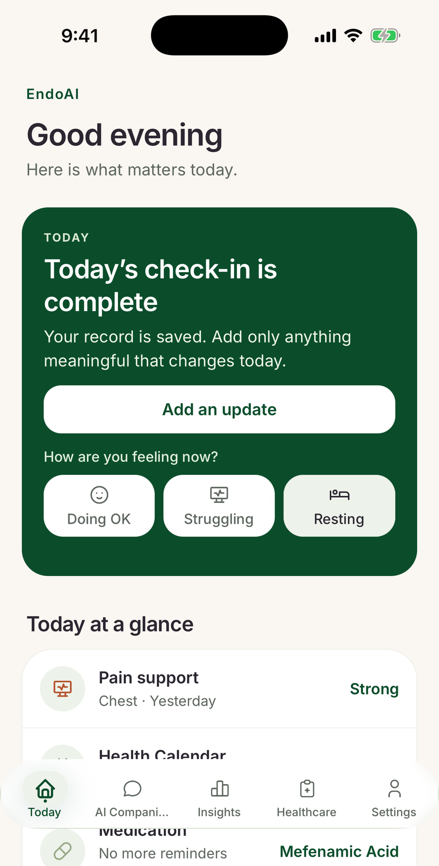 Genuine EndoAI Home screen with daily check-in and today's health information