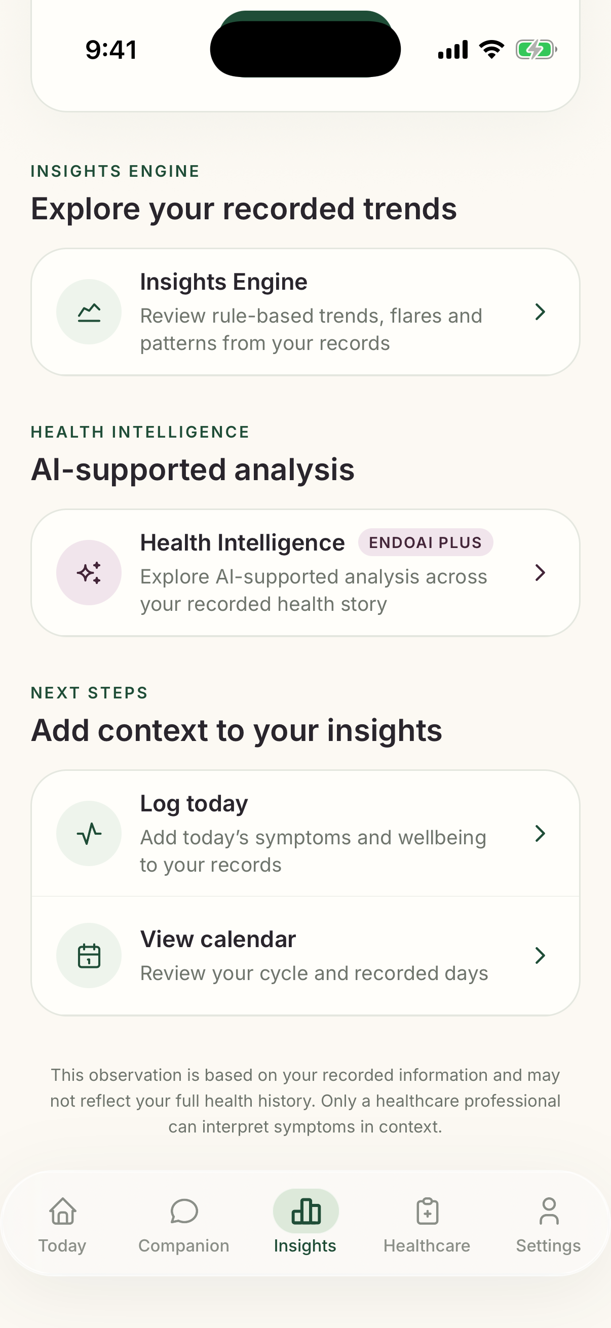 Genuine EndoAI Insights screen showing recorded trends and educational observations