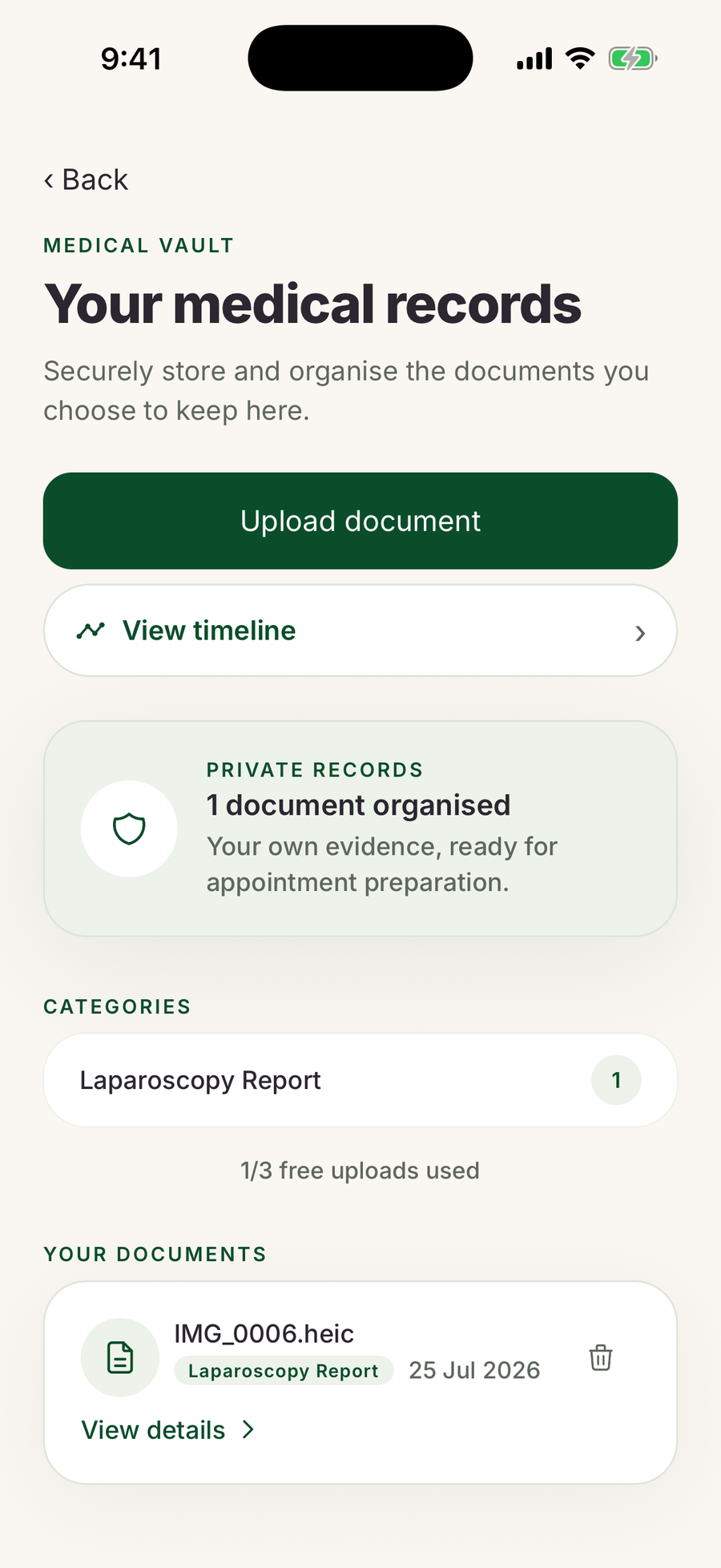 Genuine EndoAI Medical Vault screen for organising uploaded records and a timeline